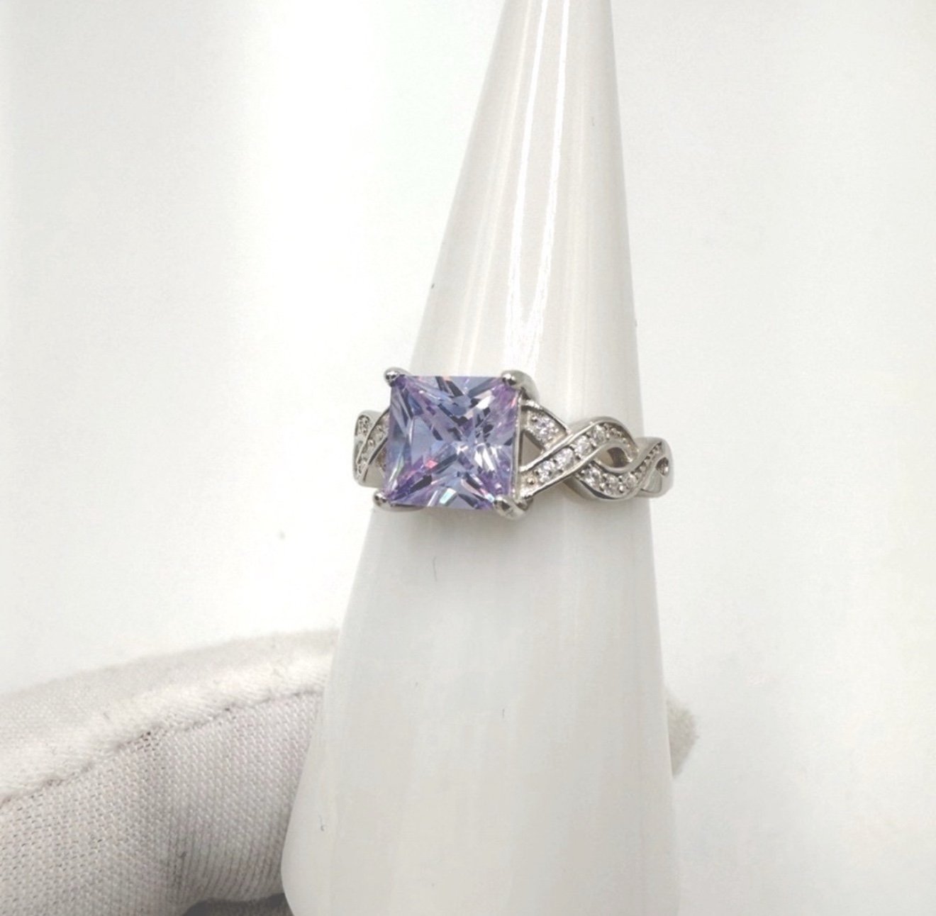 .925 Sterling Silver Lavender Cz and Clear Cz Ring