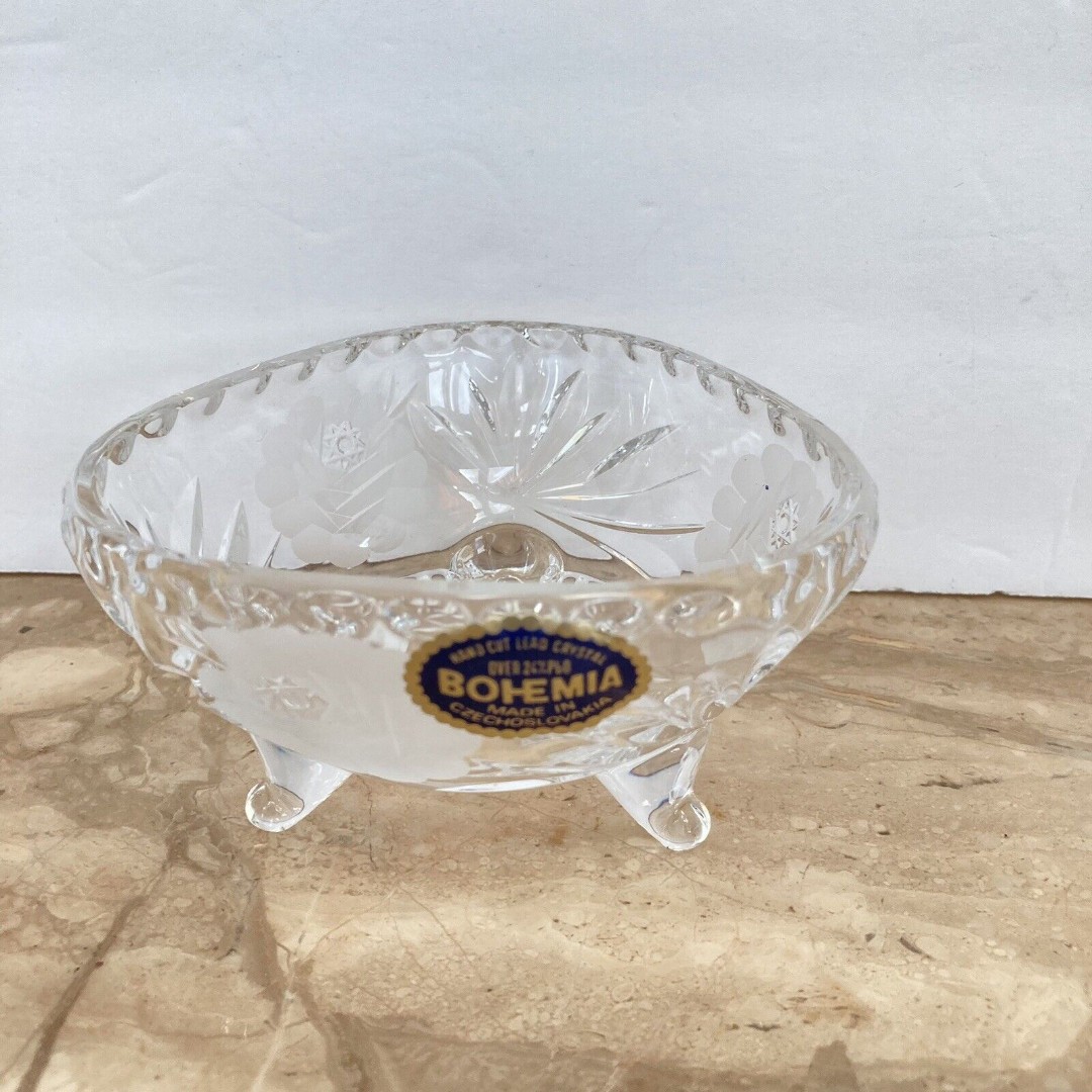 Bohemia Vintage Hand Cut Lead Crystal Footed Triangular Candy Bowl Dish NEW