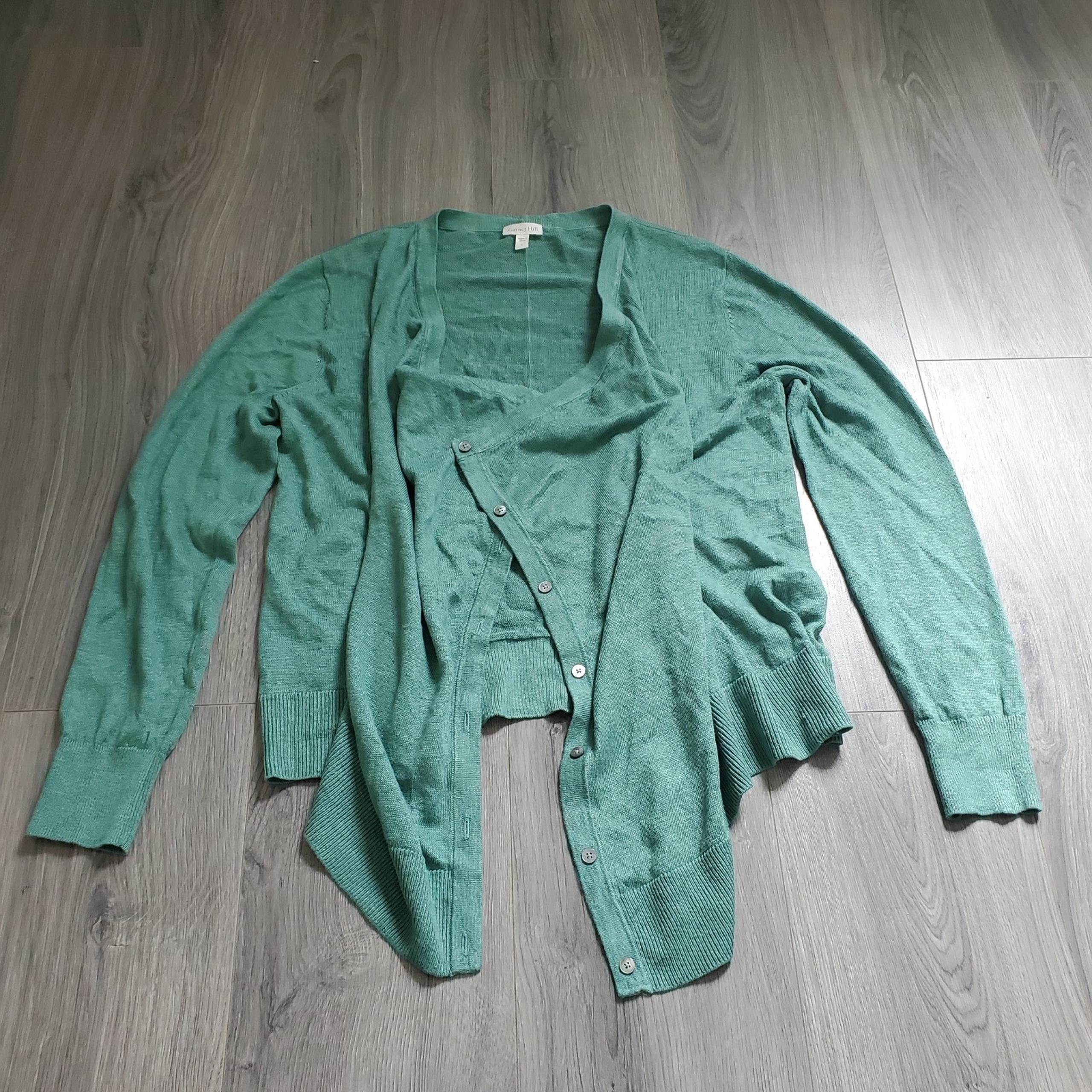 Garnet Hill Cardigan Sweater Large 100% Linen Green Asymmetric Beach Lagenlook