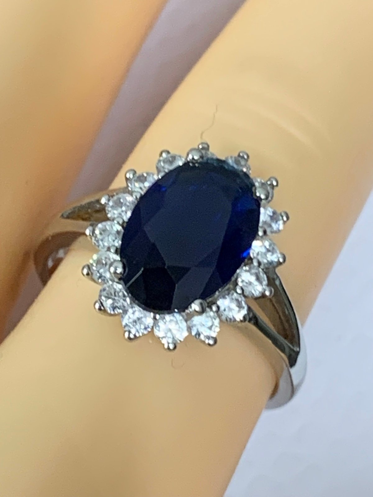 Princess Diana Ring Rhodium over 925 Sterling Silver Blue Sapphire & White CZ 8