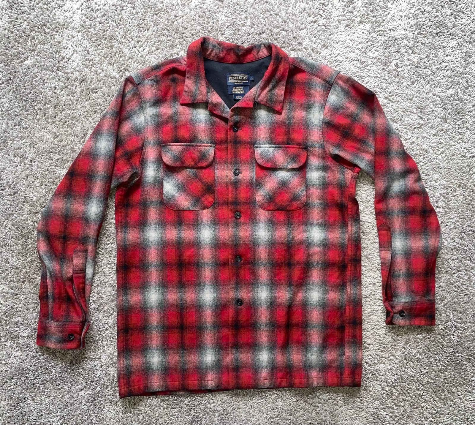 Pendleton Mens The Original Board Shirt Size Large Red Gray Plaid Ombre Wool