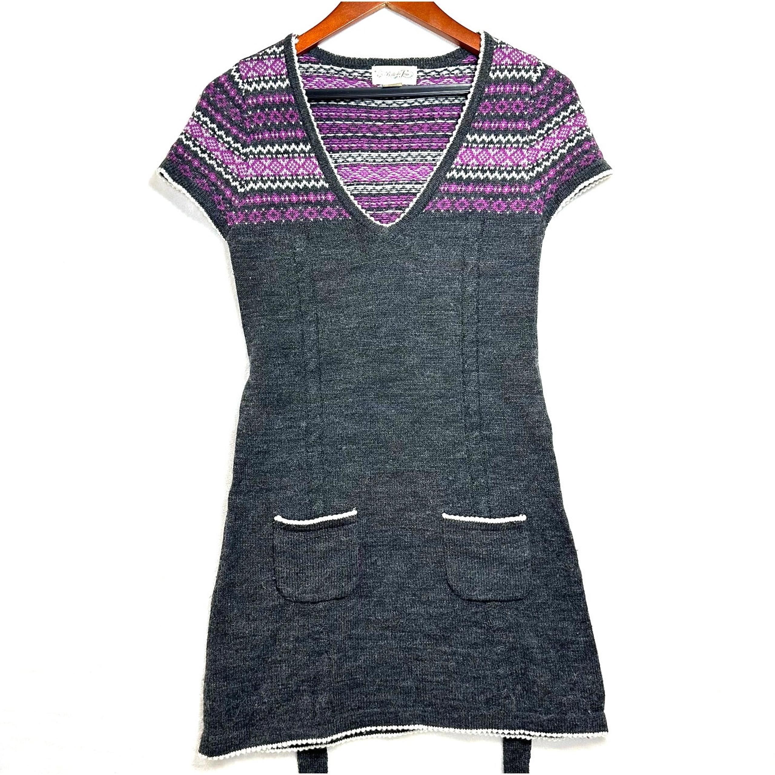 Belle Du Tour Small Wool Fair Isle Tied A-Line Sweater Dress V-Neck Pockets Knit