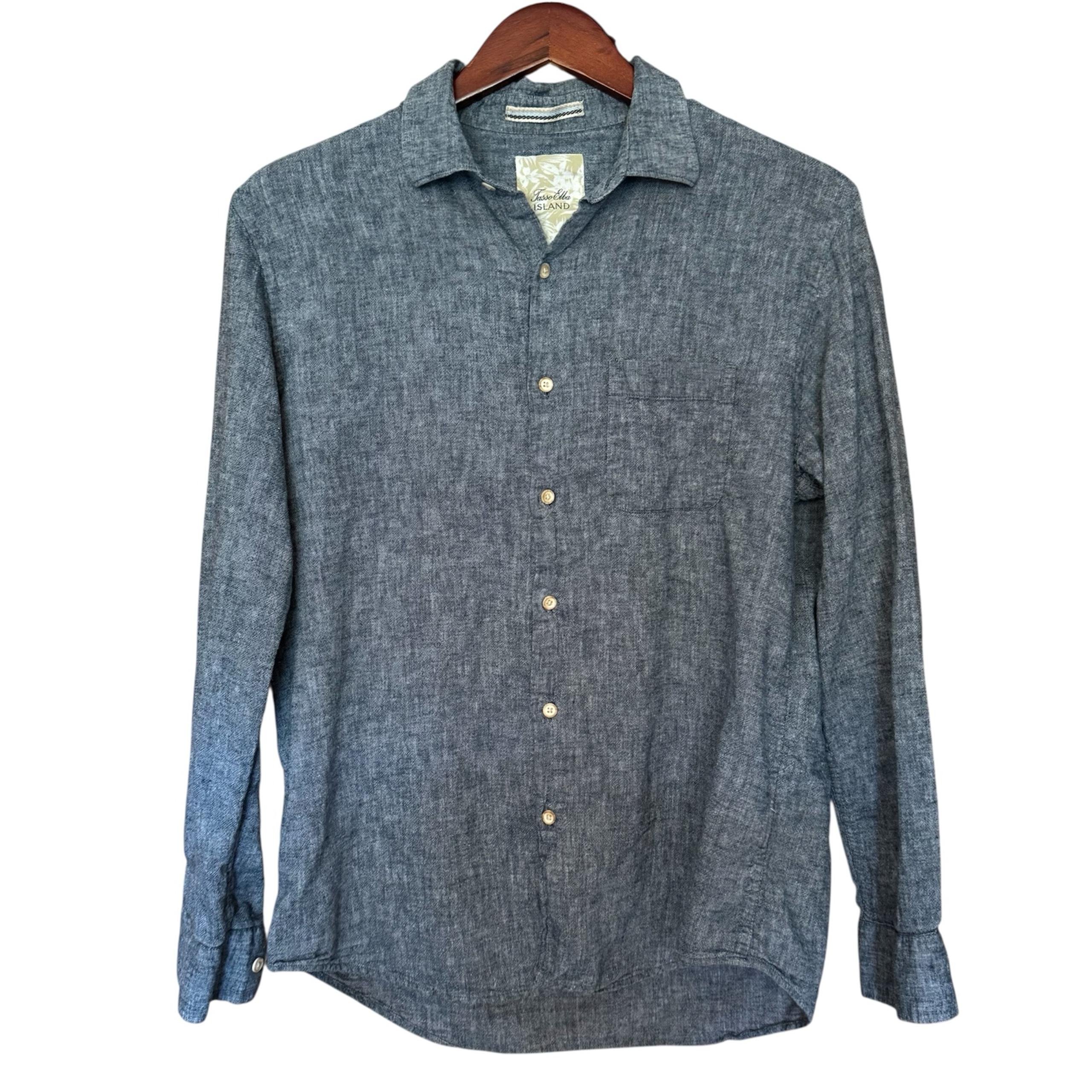 Tasso Elba Island Men’s Blue Linen Cotton Blend Button Down Medium
