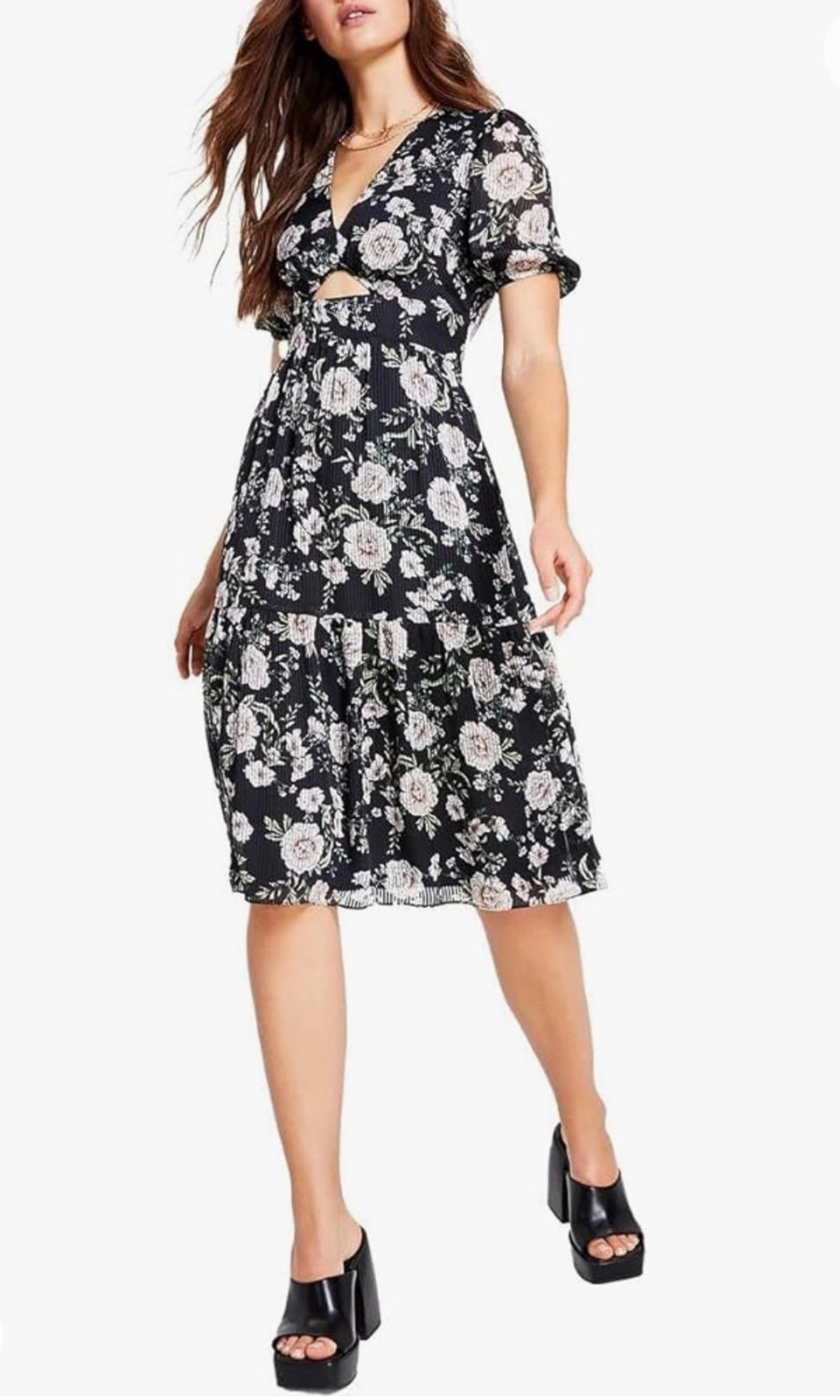 NWT Bar III Women’s Black Floral Cutout Short Sleeve Midi Dress Size XS