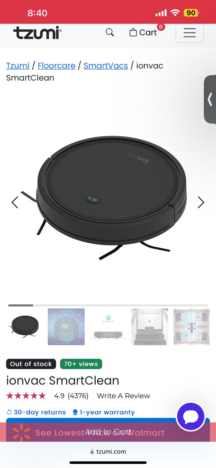 ionvac SmartClean WiFi Robot Vacuum (Tzumi) 199.Receipt