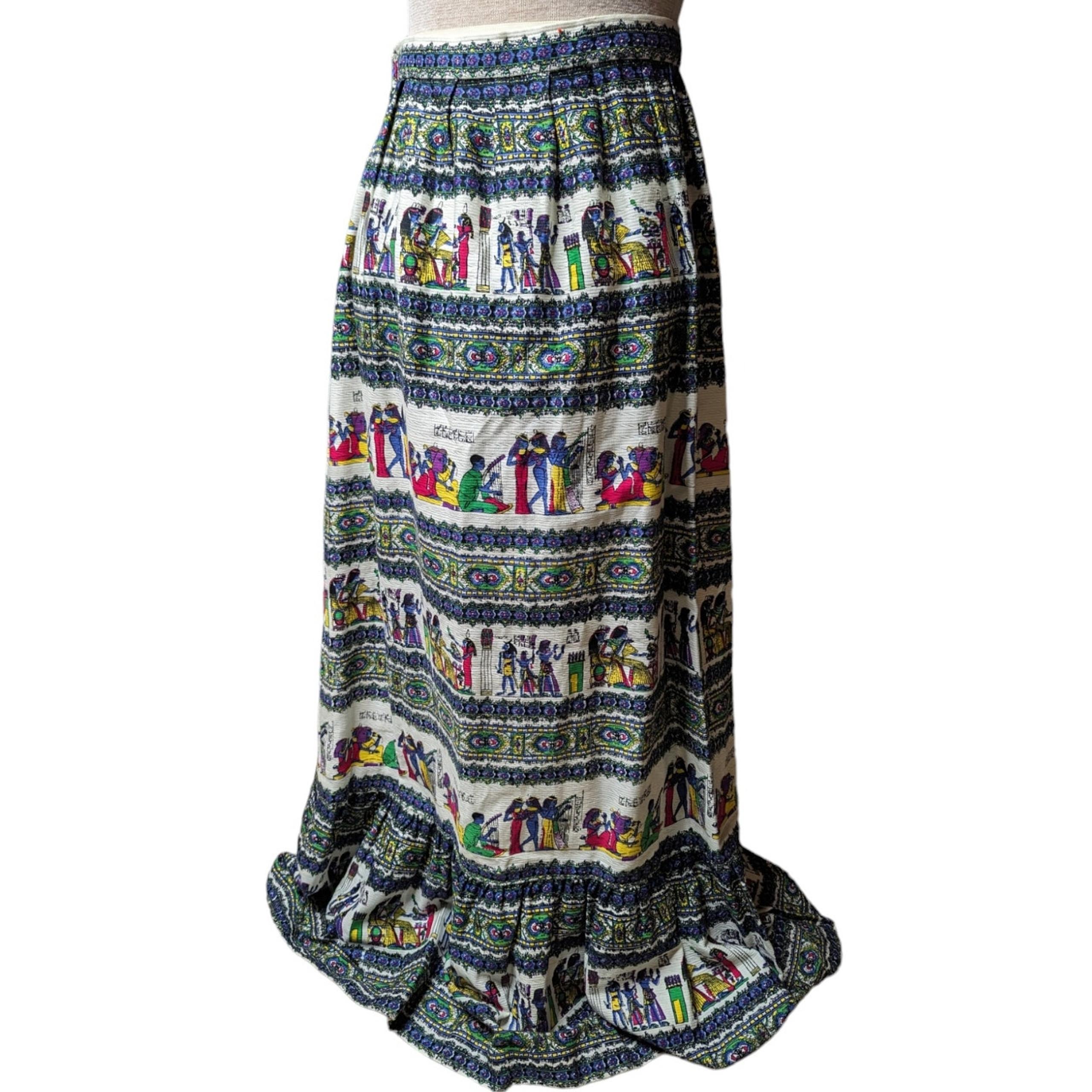 Vtg 1960s Miss Egypt Ivory Blue Colorful Egyptian Printed Barkcloth Maxi Skirt M