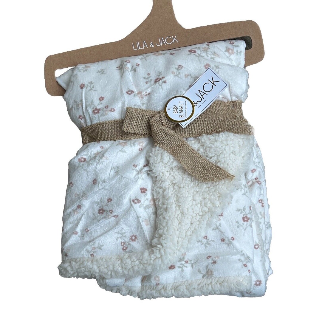 Lila & Jack Baby Blanket Silky Soft Tiny Pink Flowers Floral Girls Sherpa New