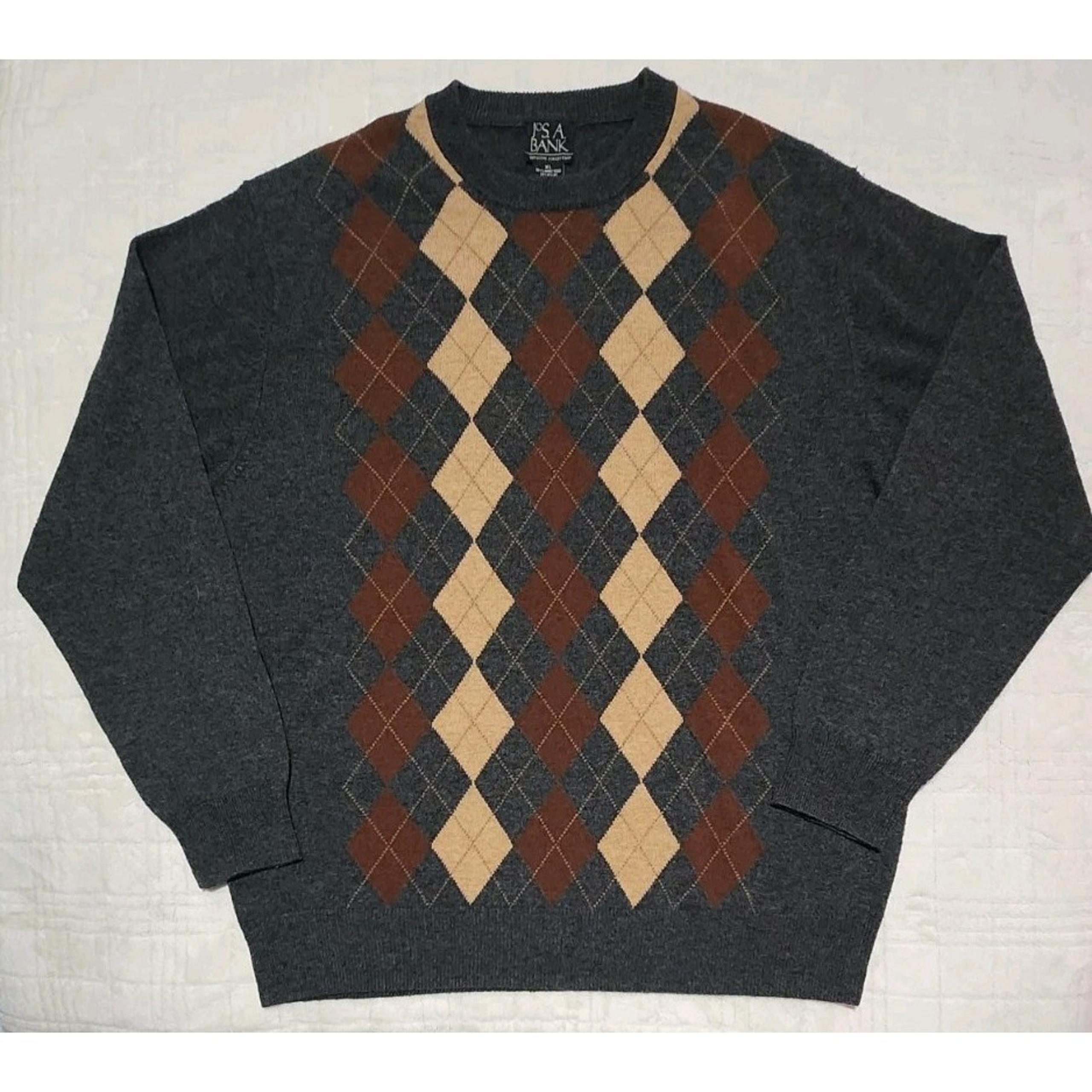 Jos A Banks Lambswool Blend Sweater Men's Sz XL Preppy Gray Argyle Academic