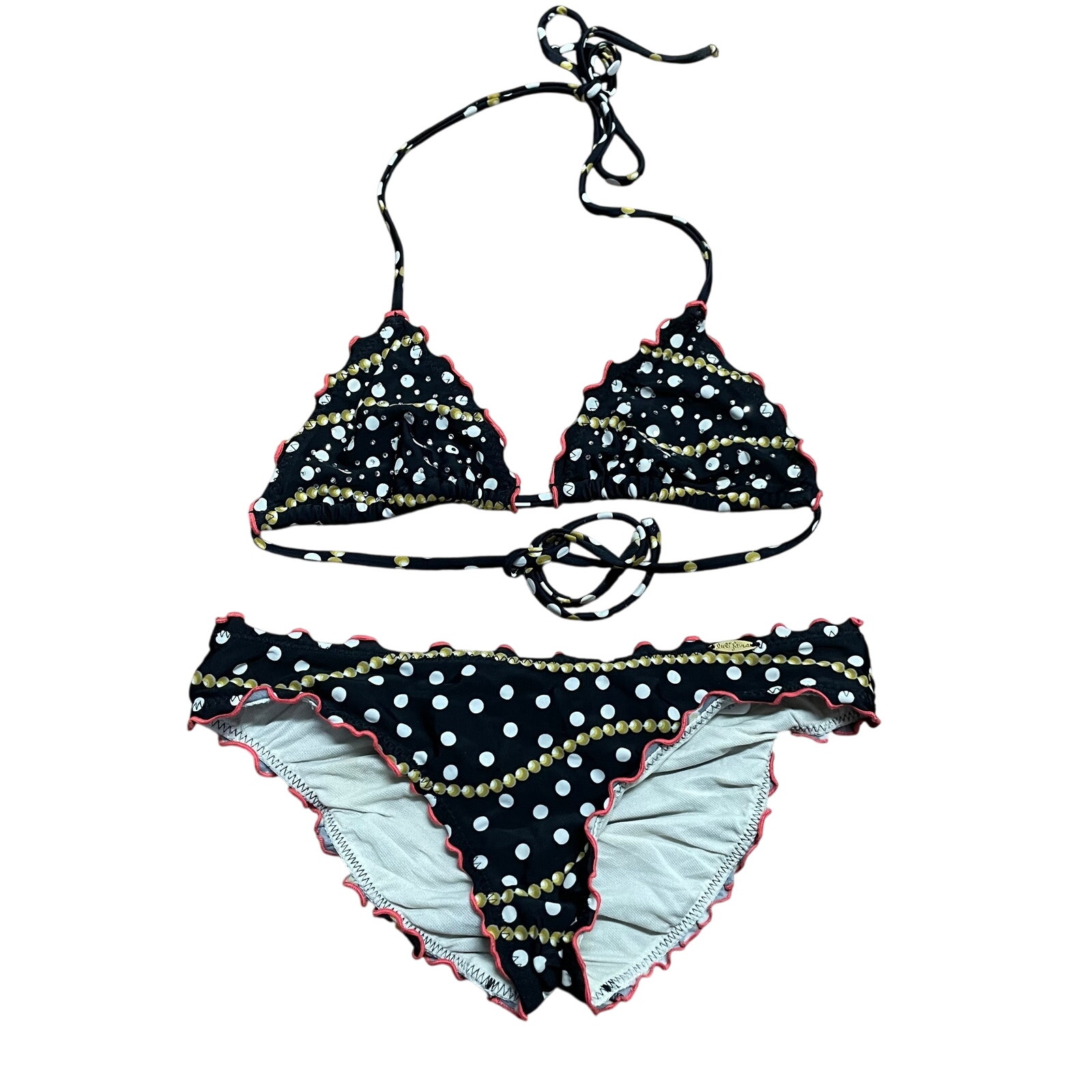Luli Fama Club Tropicana Black Rhinestone Pearl 2PC Wavey Triangle Bikini XS/S