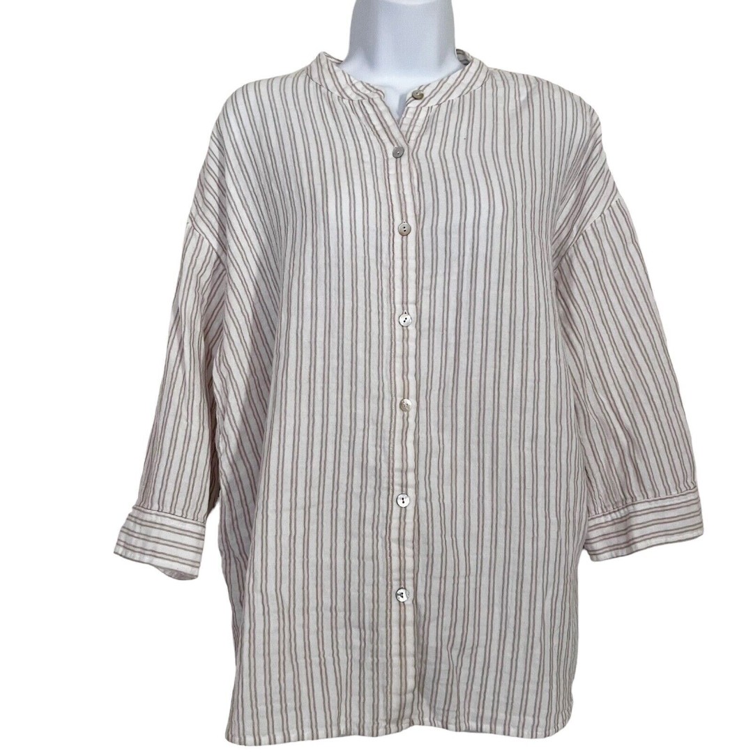Eileen Fisher White Khaki Striped Gauze Organic Cotton Blouse Drop Shoulder Sz M