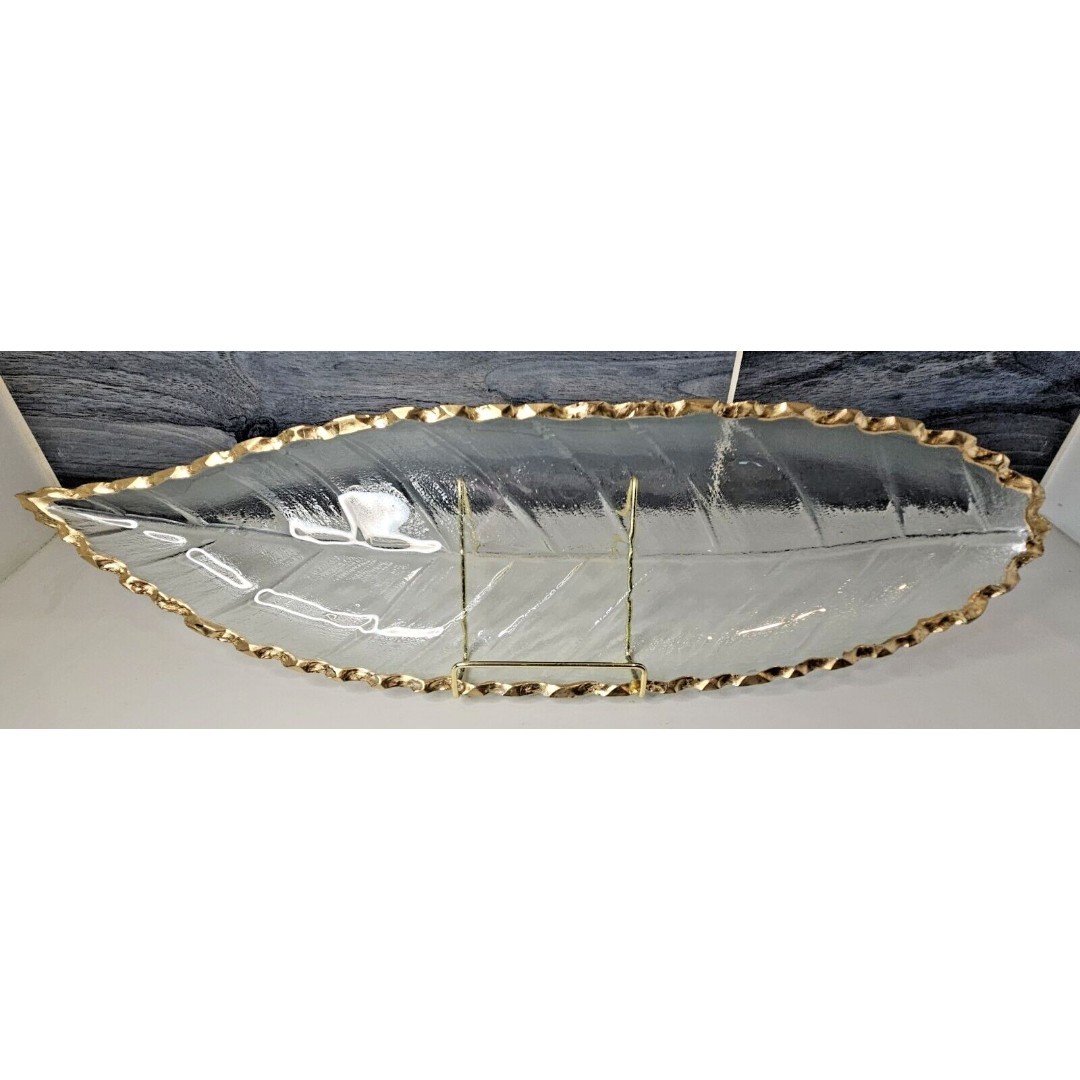 Leaf Shape Textured Clear Glass Serving Platter Dish w/ Gold Trim 17.5 x 5.25