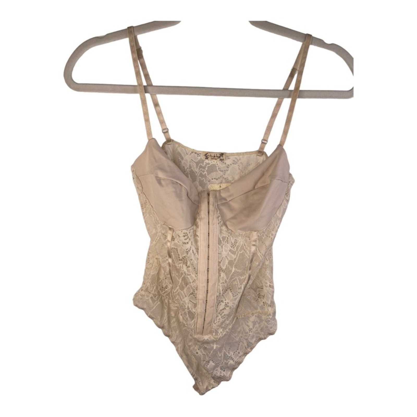 Free People X Intimately FP Lace Night Rhythm Mesh Corset Bodysuit Ecru Small