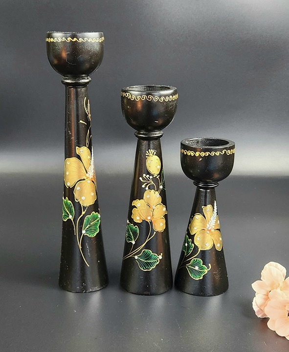 Vintage Black Candlestick Holders - Wooden - Varied Heights - Set of 3