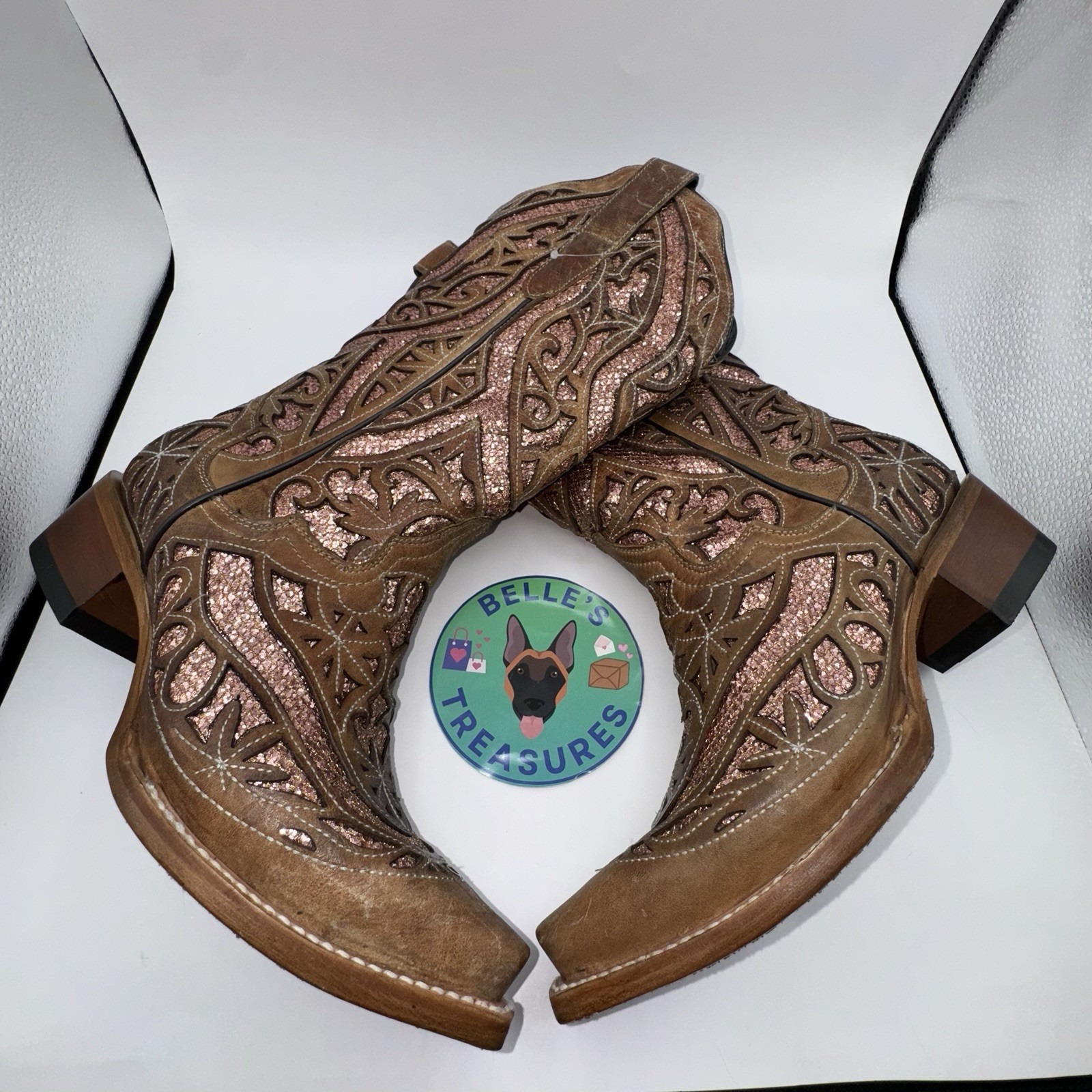 J.B. Dillon Dahlia Women's 8.5 Tan Rose Gold Sequin Inlay Snip Toe Western Boot