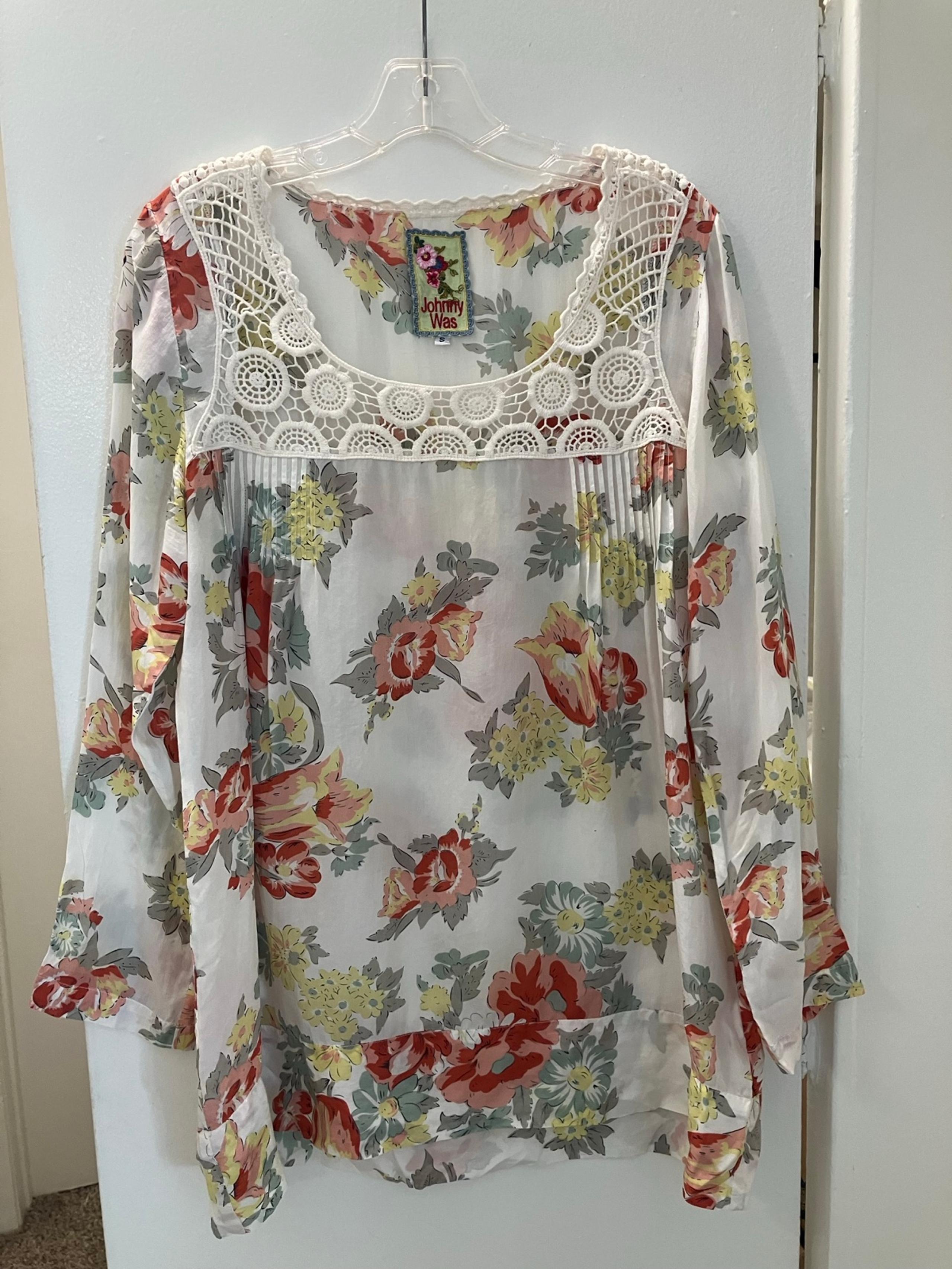 Johnny Was Floral Silk White Thin Long Sleeve Blouse Top Sz S