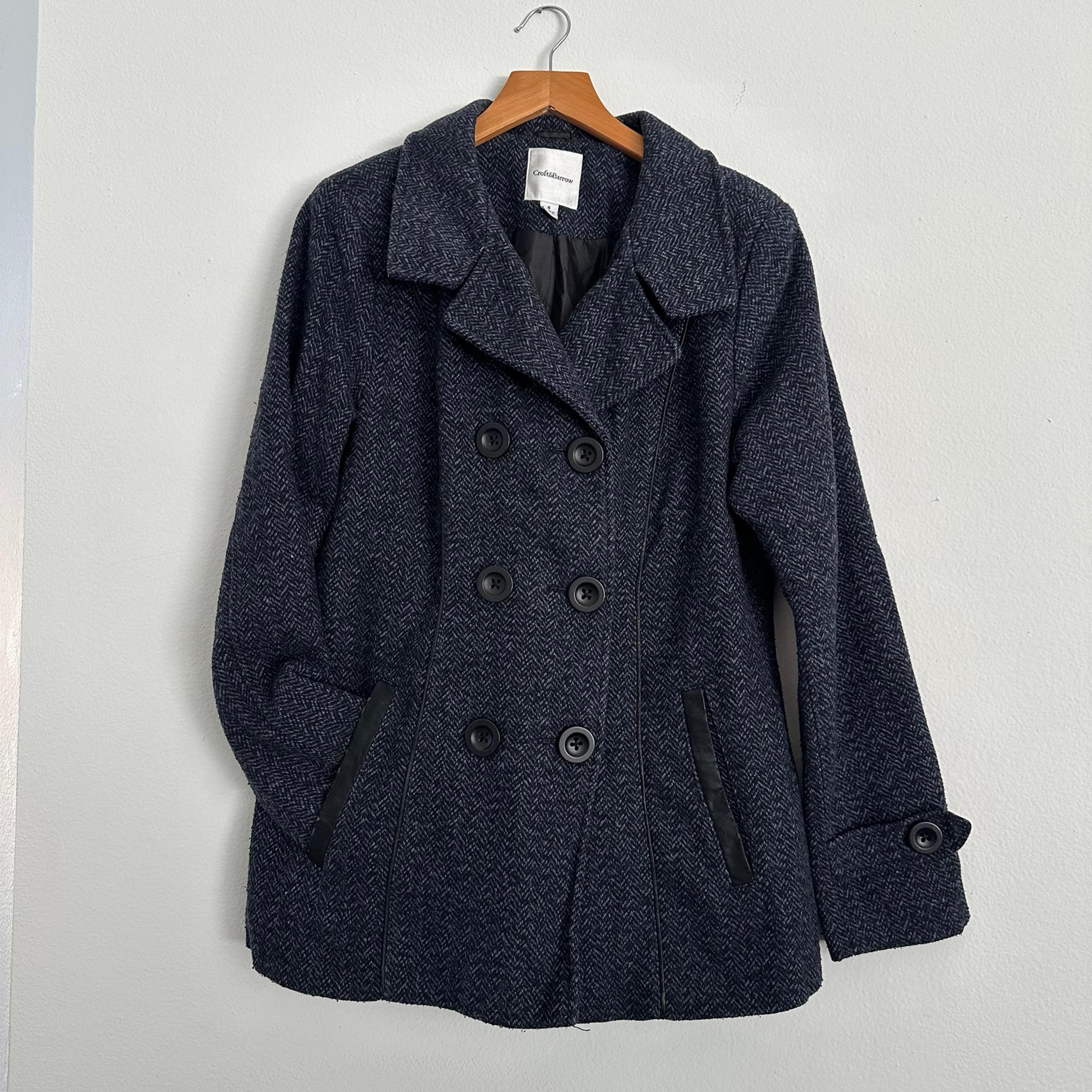 Dark Blue & Black Herringbone Double Breasted Faux Wool Peacoat, Size Small