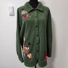 Quacker Factory Green Fleece Fall Harvest Pumpkin Button Down Sweatshirt