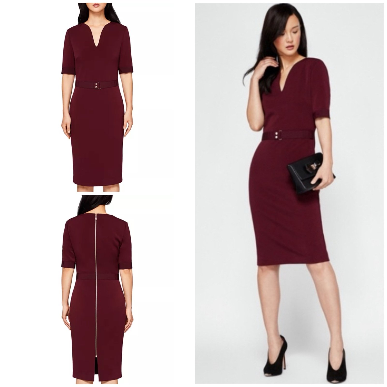 Ted Bak­er Jesabil Burgundy V Neckline Business Casual Belted Sheath Dress 2