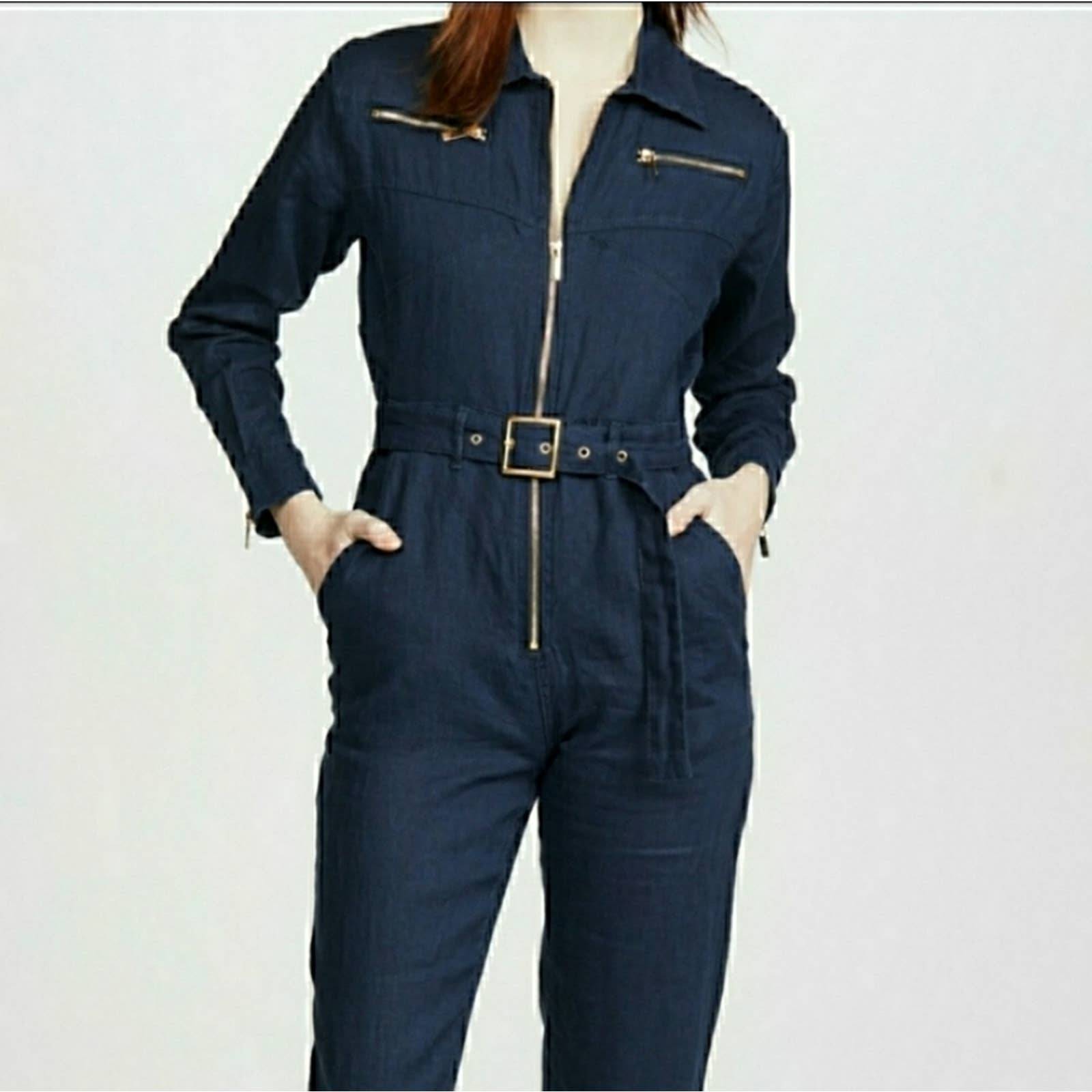 WeWoreWhat Navy Linen Utility Jumpsuit