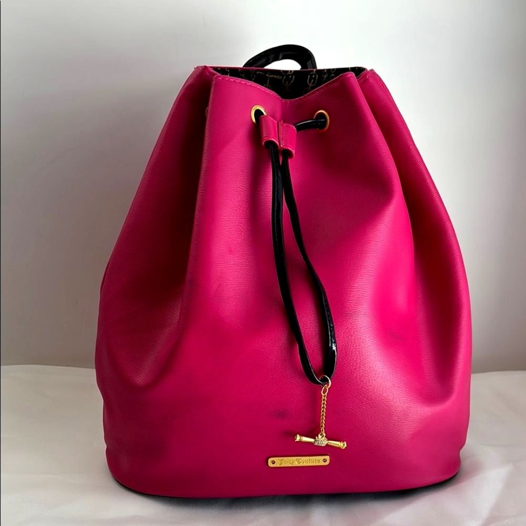 Juicy Couture Barbiecore Pink Drawstring City Tour Backpack with gold tone
