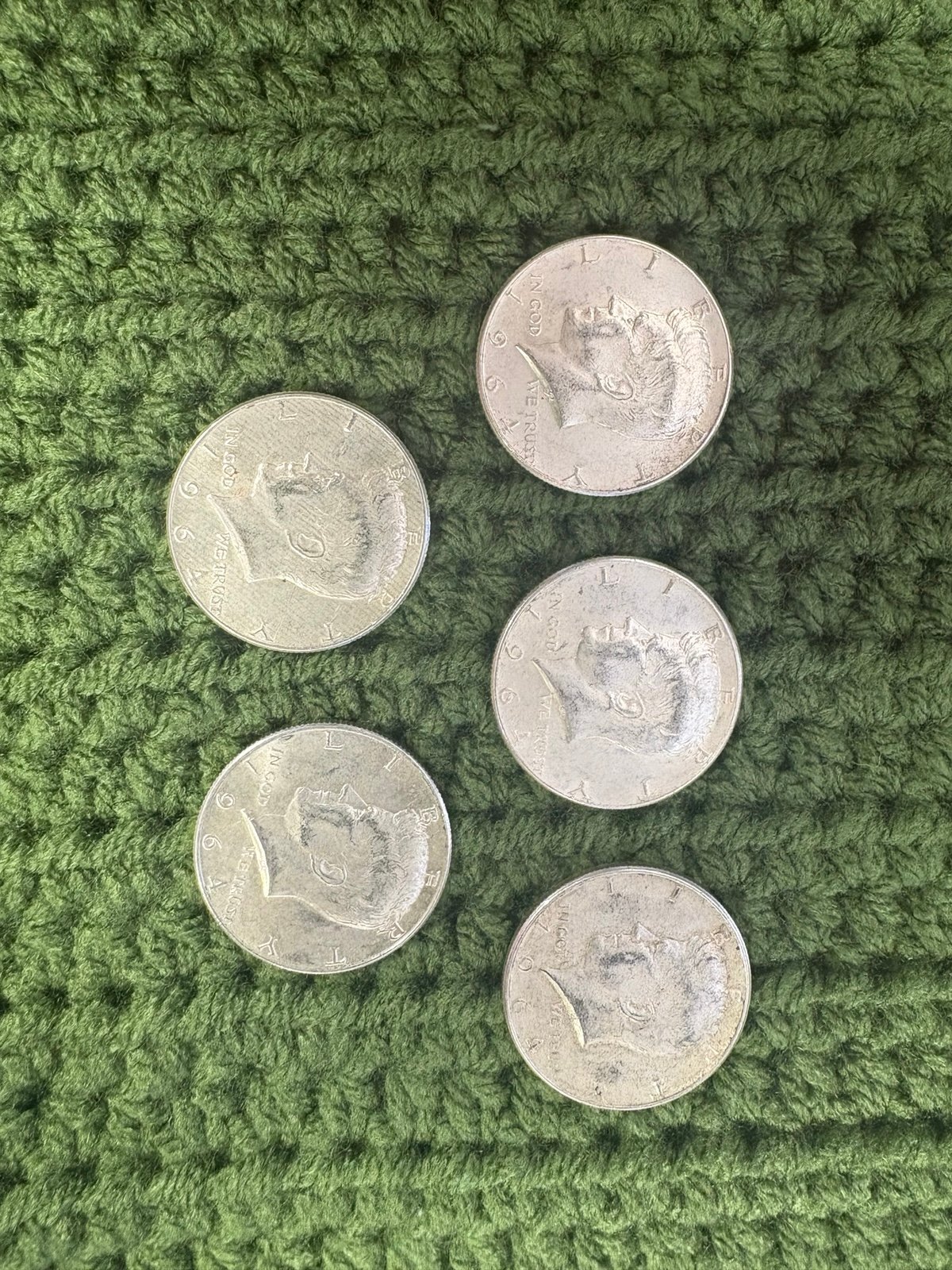 Lot of 5 1964 Kennedy Silver Half Dollar