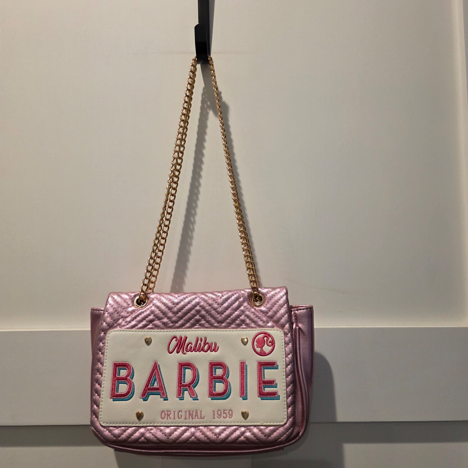 Skinny Dip x Barbie Malibu License Plate Crossbody Bag Metallic Pink w/ Chain