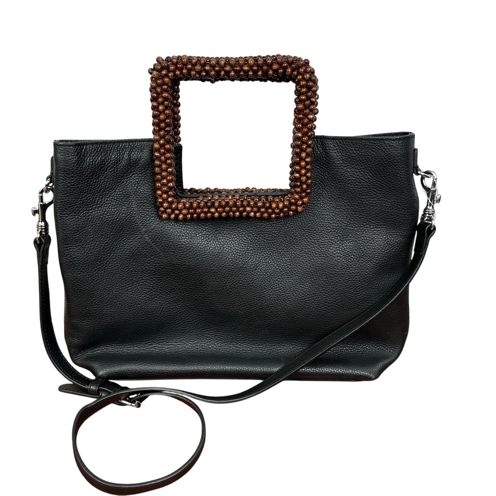 J Jill Black Pebbled Leather Brown Wood Beaded Bead Square Handle Handbag Purse