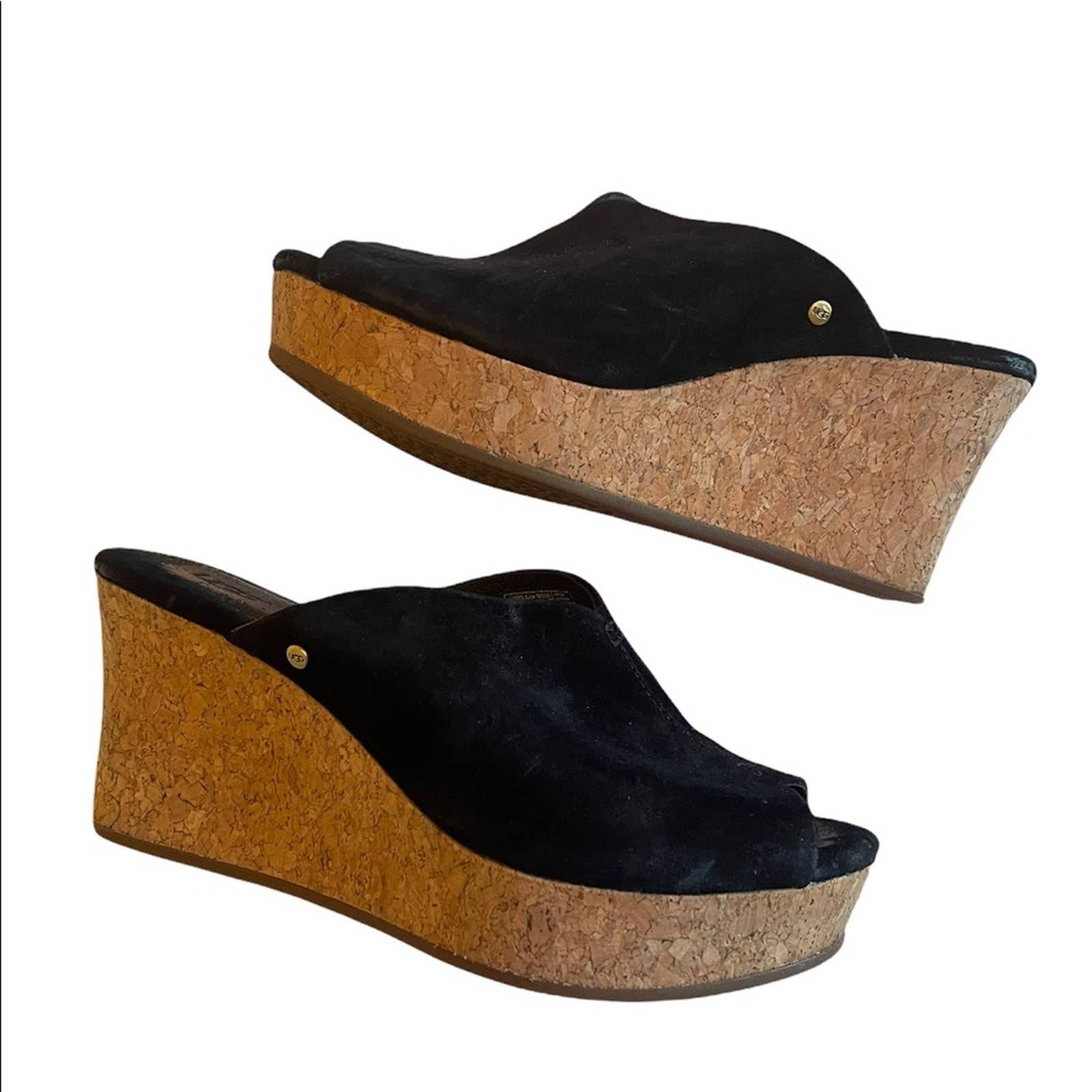 UGG Women's Dominique Black Suede Cork Wedges Mule Size 7