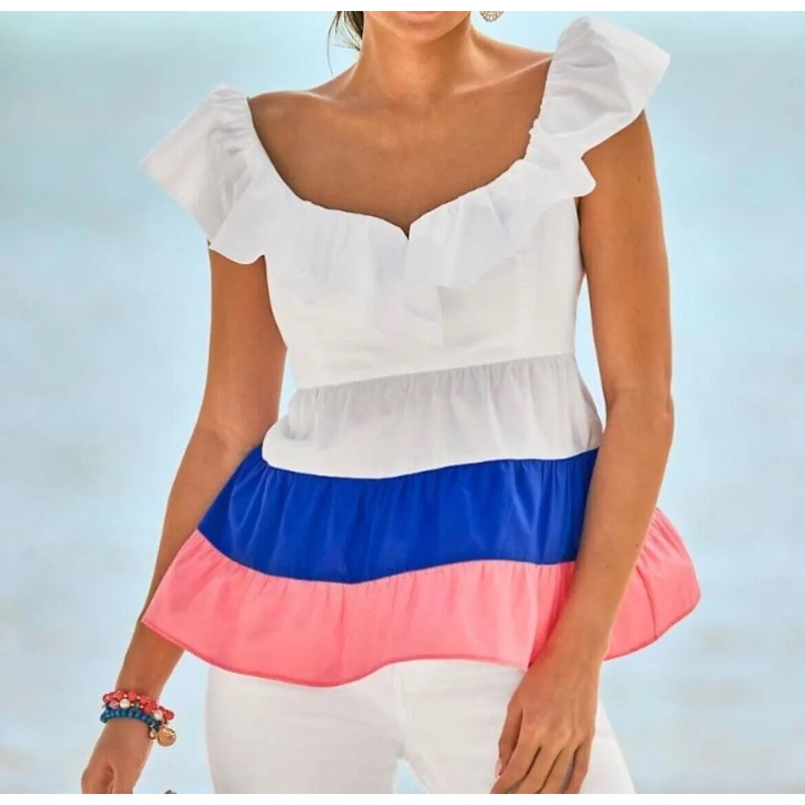 NWT Lilly Pulitzer White, Pink, and Blue Emie Ruffle Colorblock Top, Size 14