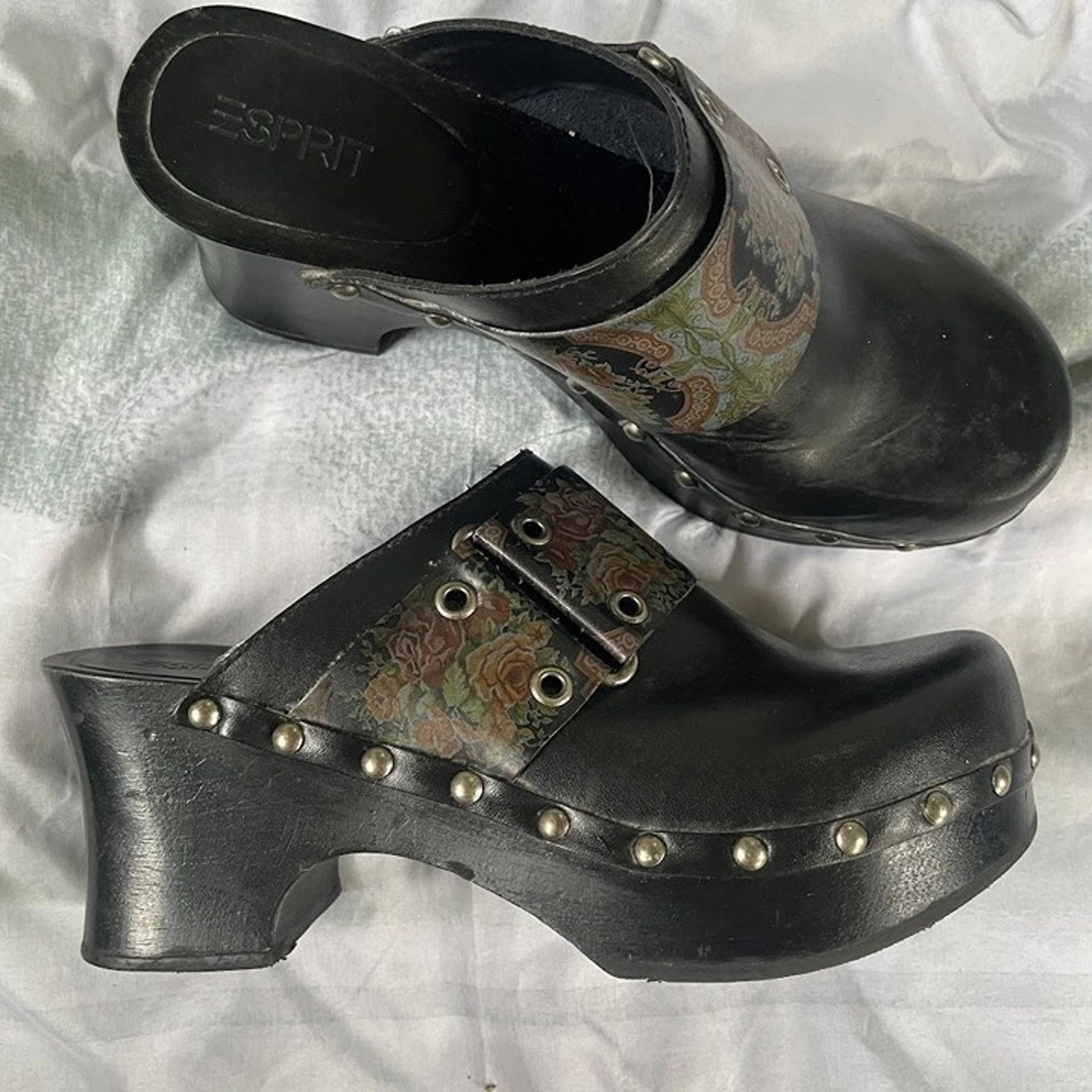 Vintage 90s ESPRIT Platform CLOGS Studded Wooden Sole Floral Trim Brazil 6.5