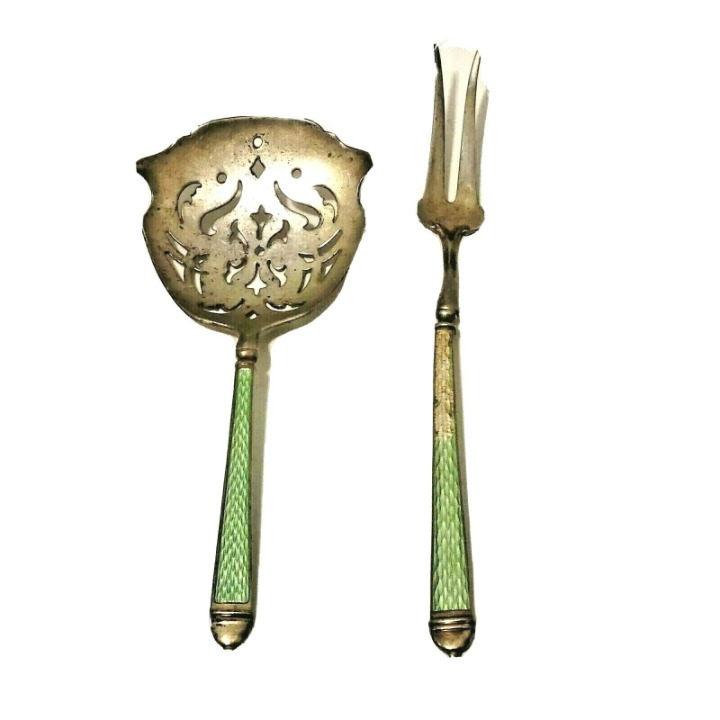 Watson Bon-Bon Nut Spoon Olive Fork Set Sterling Silver Guilloche Enamel Handle
