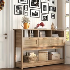 Classic Wooden Console Table with Rattan Drawers & Open Storage Shelves