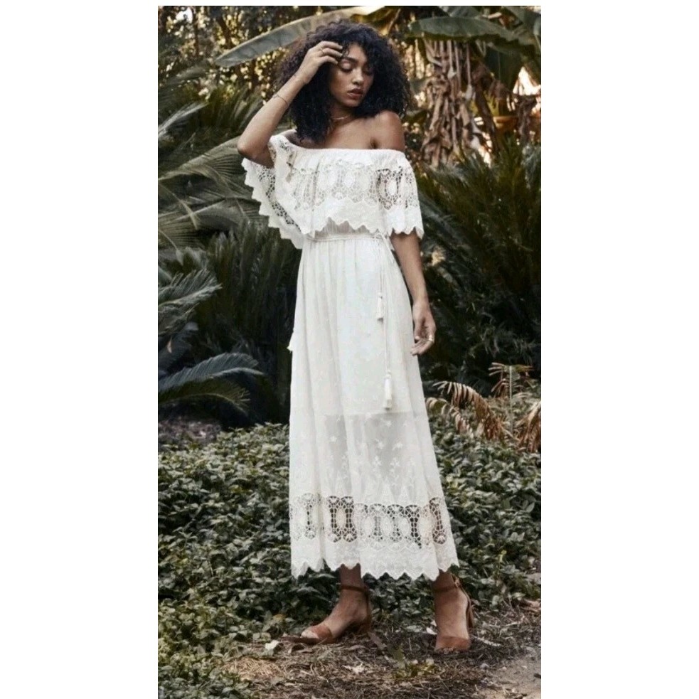 ASTR The Label Tatiana Maxi/Midi Dress Size M Ivory Crochet Boho Romance Wedding