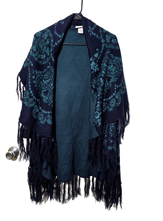 Catherines Open Cardigan OS Blue Fringe Floral Sleeveless Stretch Lagenlook Soft