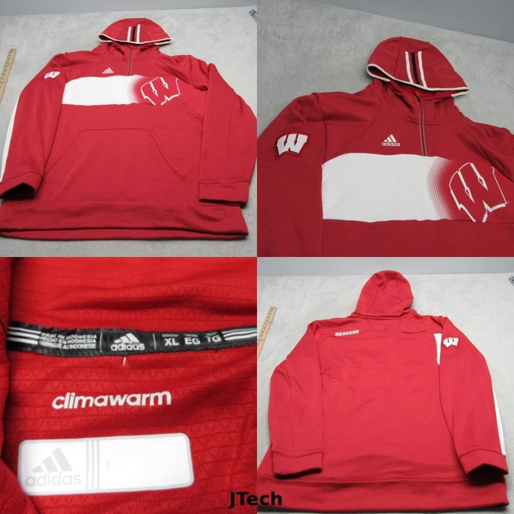 Wisconsin Badgers Hoodie Mens XL Adidas Red Fleece ClimaWarm 1/4 Zip Pullover