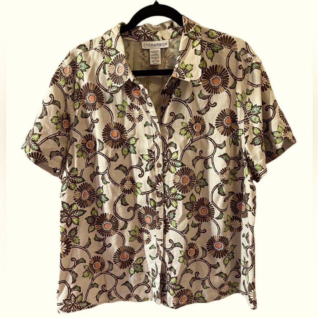 SAG Harbor Sz 14 Shirt Brown Floral Sheer Button Down Blouse