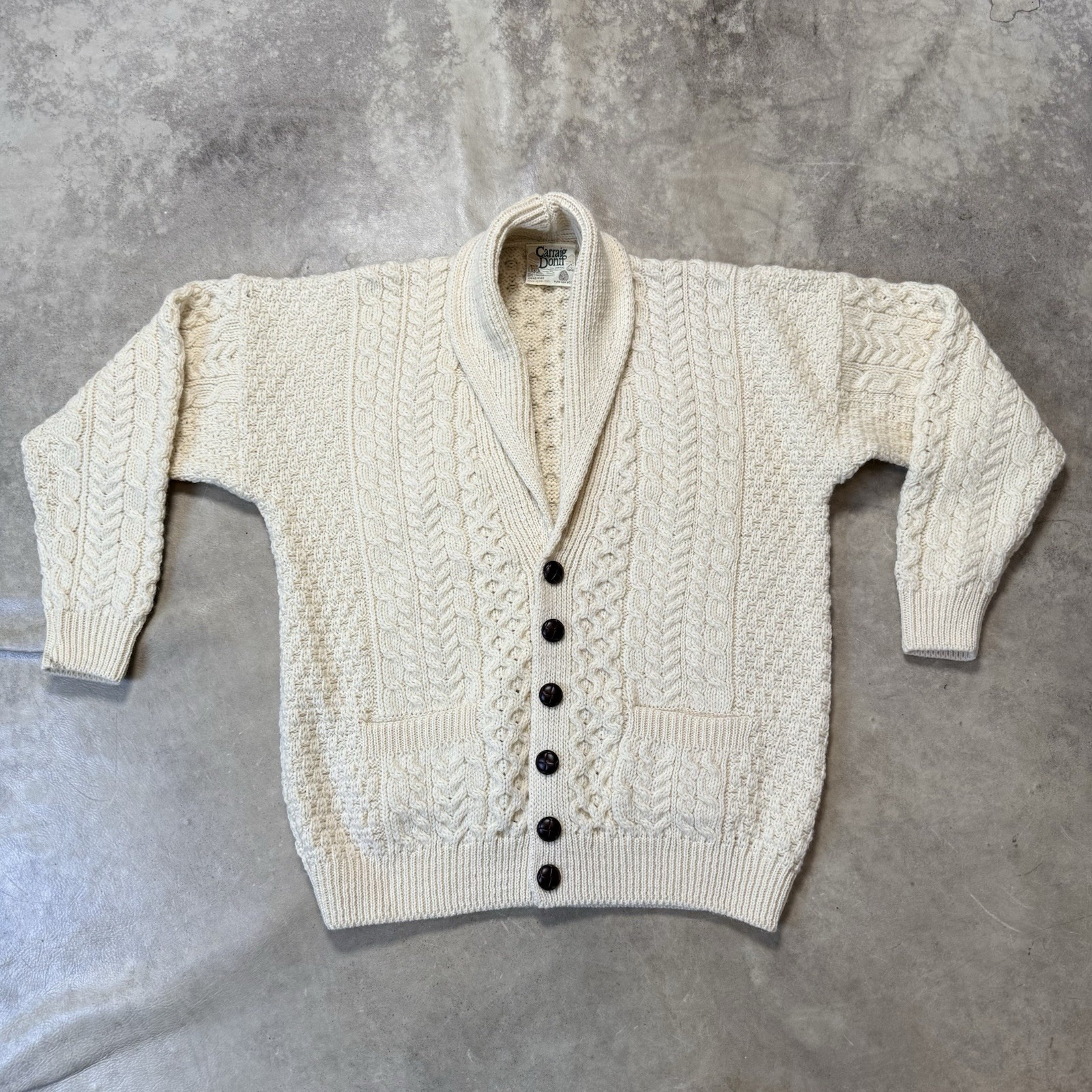 Carraig Donn Aran Sweater Cardigan Womens Size L Cream Cable Knit Wool Fisherman