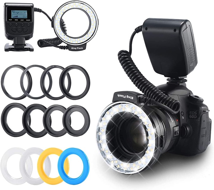 Ring Flash 48 Macro LED Flash Light with LCD Display Power Control Adapter Rings
