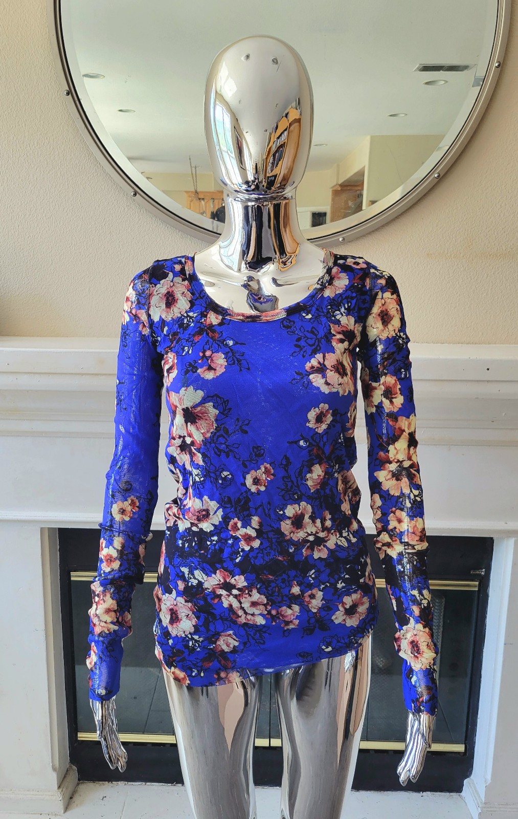 NEW Fuzzi GAULTIER Long-Sleeve Blue Floral-Print Tulle Mesh Tee Top NWT size XL