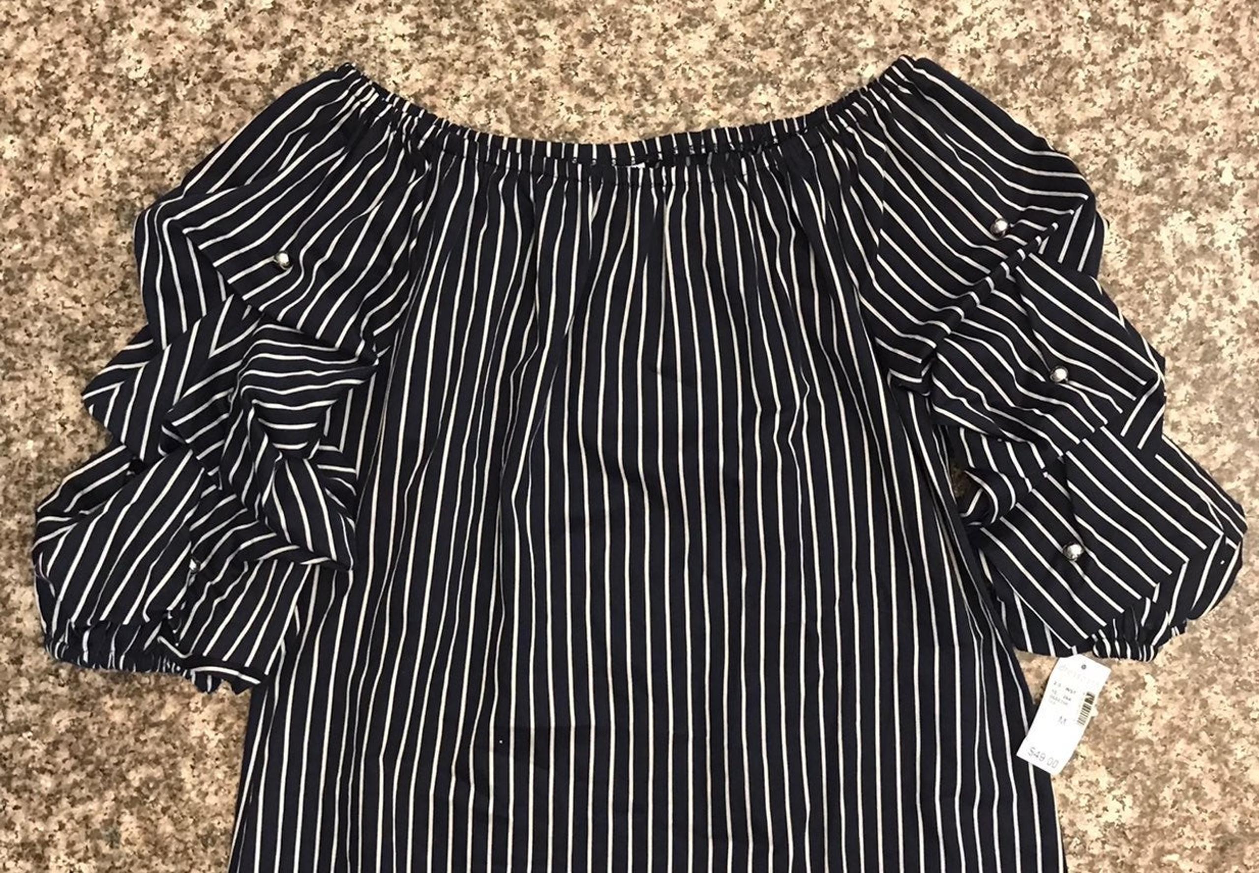 Westport Women's  Dress Stripes Navy Blue and White Ruffles Shoulder NWT SZ M