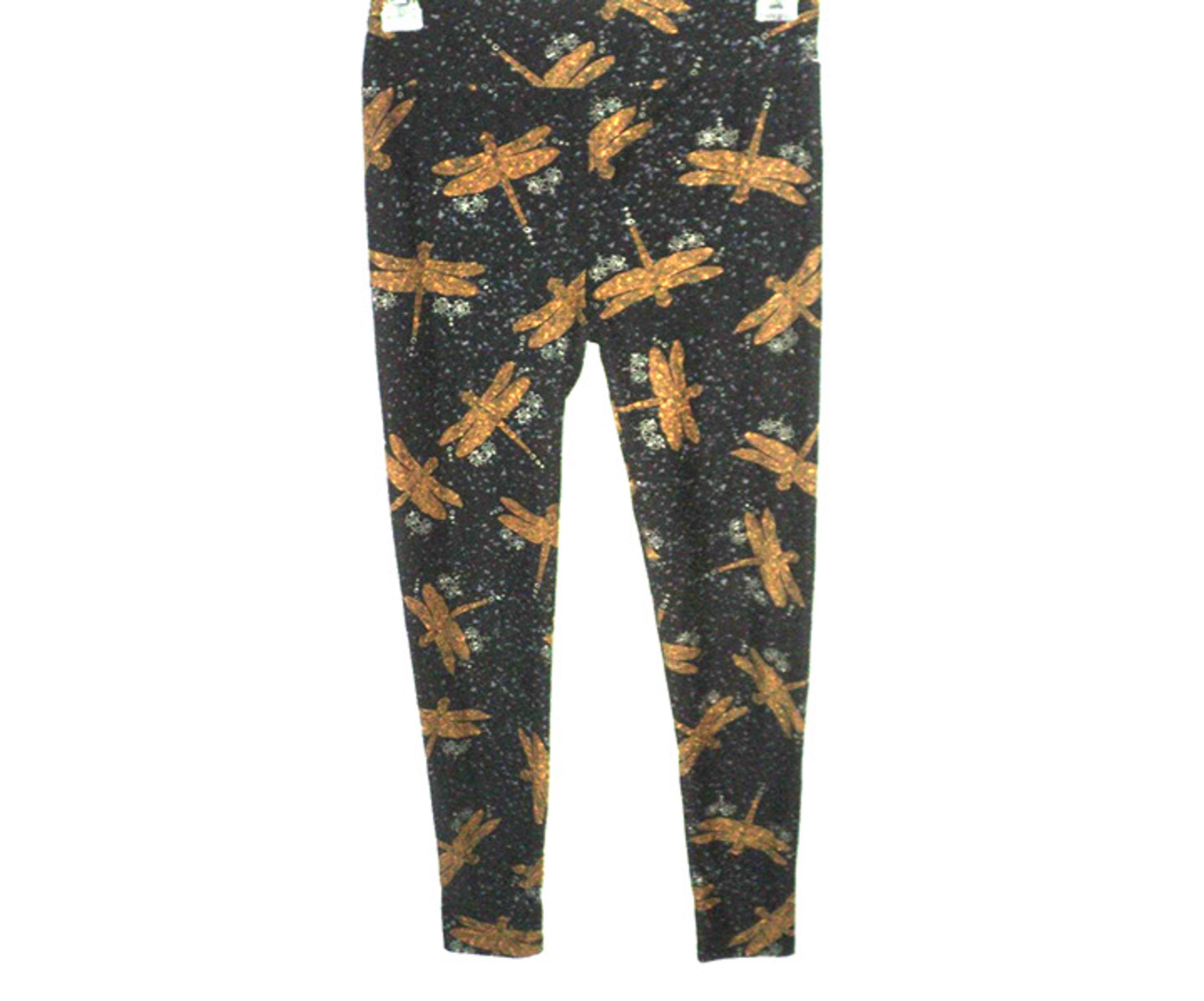 LuLaRoe Leggings Women's One Size Dragonflies Black, Tan, Gray Dragonfly