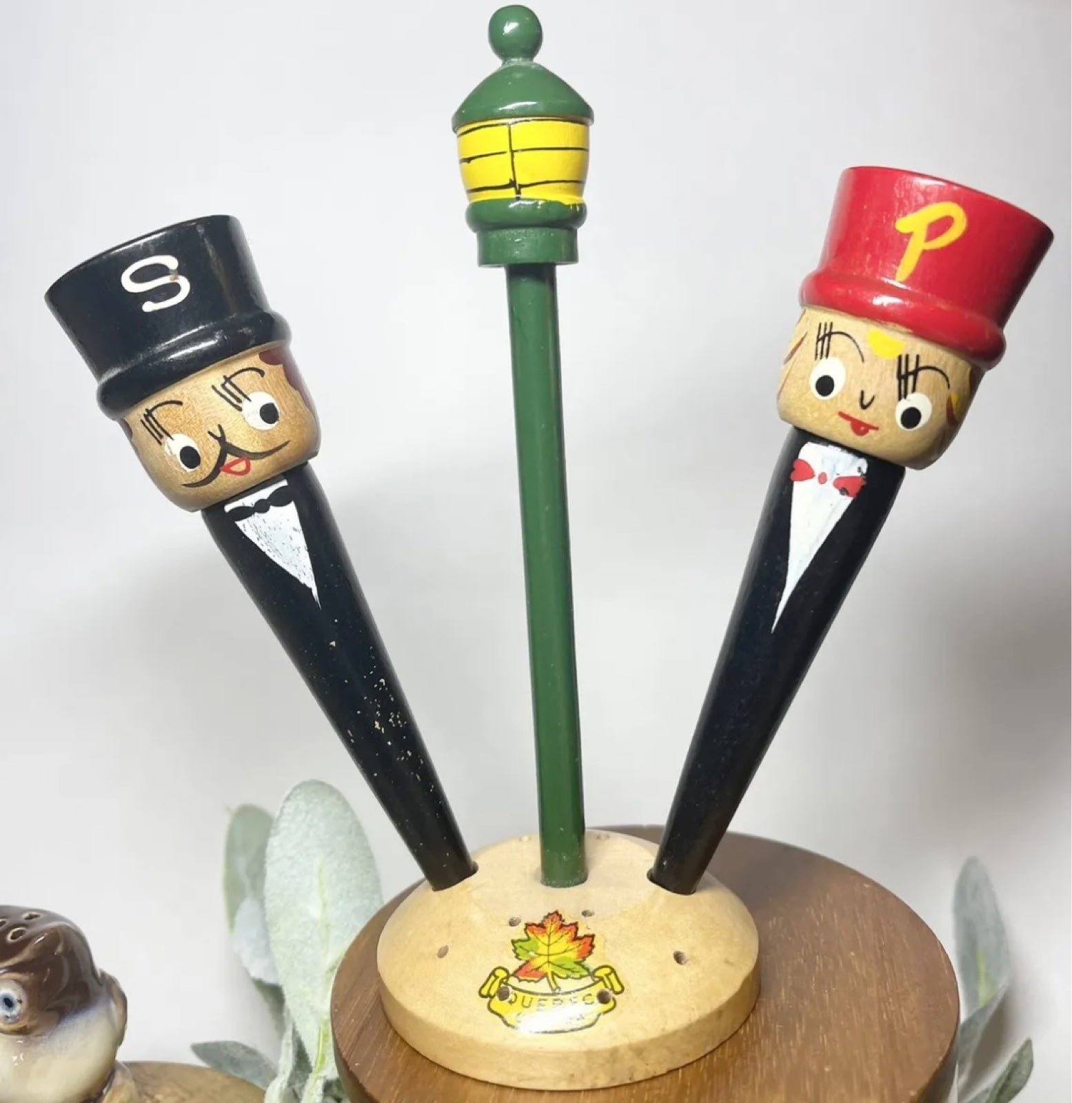 Rare Wooden Face Salt & Pepper Shaker Sticks Made In Japan Quebec Canada VTG