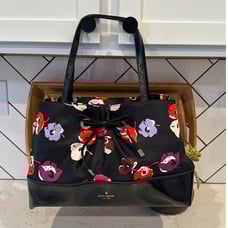 KATE SPADE black floral poppy print nylon patent leather satchel tote bow accent