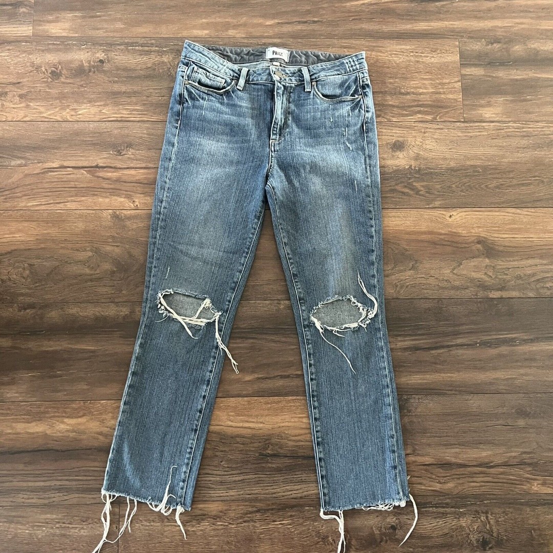 Paige Mid Rise Straight Leg Raw Hem Denim Jeans Jacqueline Straight Women's 28