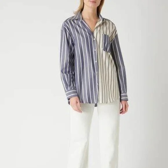 NWT Weekend MaxMara Libano Blue Cream Striped Button Down Top Womens 4
