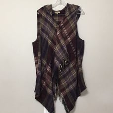 Democracy Women's XL Extra Large Fleece Plaid Fringe Asymmetrical Hooded Poncho