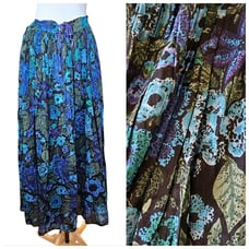 Vintage 90s Thin Dark Floral Maxi Skirt India Cotton Pullon One Size Blue Green