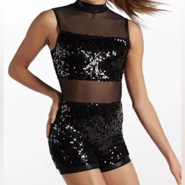 WEISSMAN Dance Costume black Sleeveless Ultra Sparkle Mesh Biketard SQ13859 SA