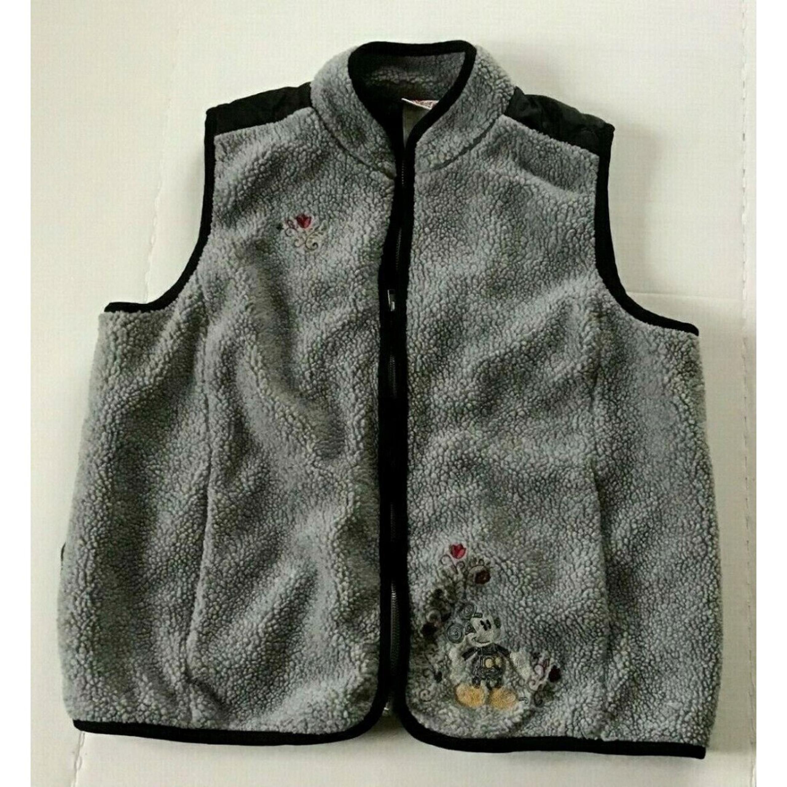 Disney Store Vest Women XL Fleece Gray Black Quilt Mickey Mouse Embroidered Vtg