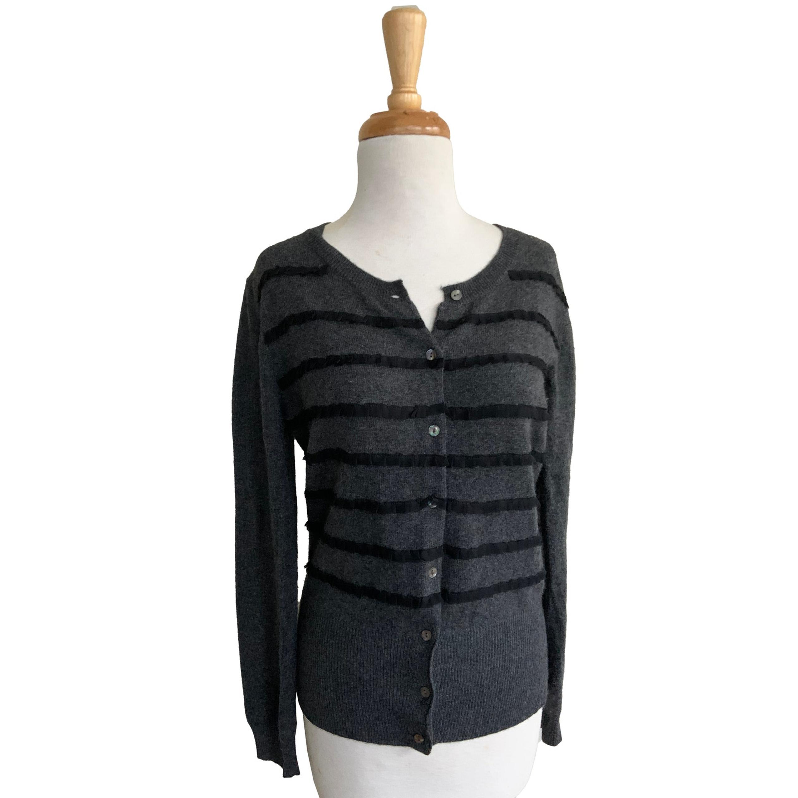 Fenn Wright Manson 2 Ply Cashmere Cardigan Sweater Grey Ruffled Striped Size M